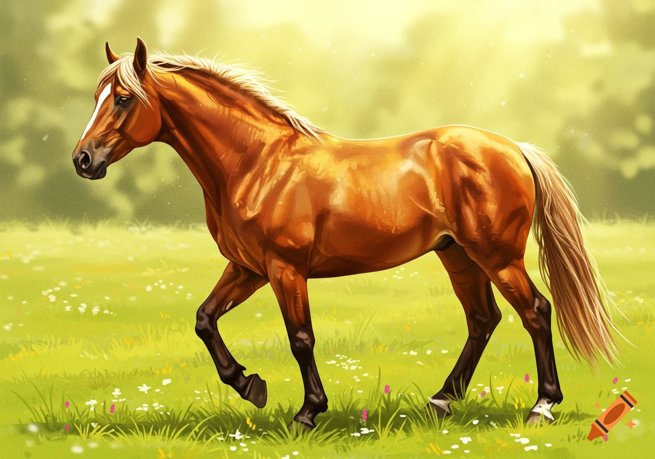 An illustrated golden-brown horse with a light mane and tail walks through a green field with small white flowers under a sunny sky.