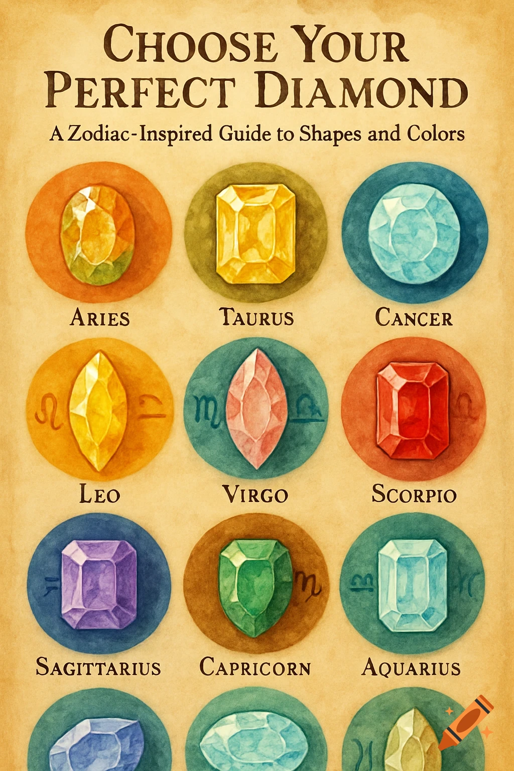 A vintage-style watercolor chart titled 'Choose Your Perfect Diamond: A Zodiac-Inspired Guide to Shapes and Colors', featuring nine different colored gemstones, each labeled with a zodiac sign like Aries, Taurus, Cancer, Leo, Virgo, Scorpio, Sagittarius, Capricorn, and Aquarius.