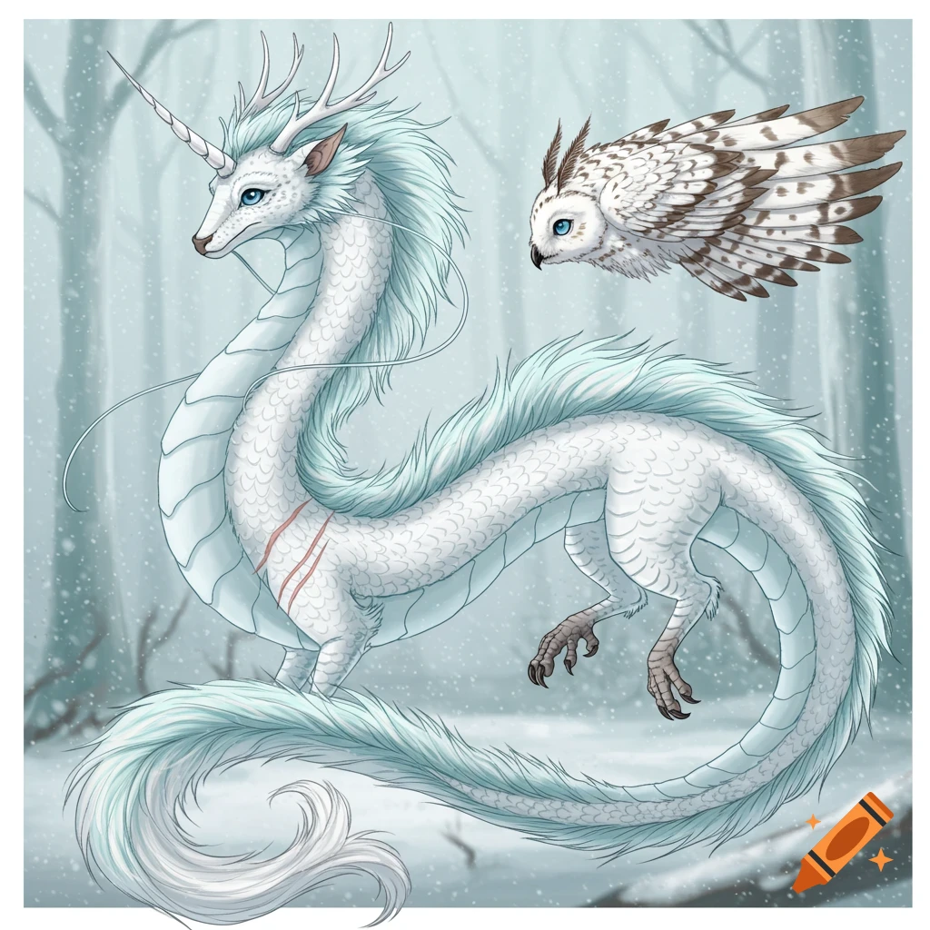 A white iridescent fantasy dragon with a unicorn horn and deer antlers stands in a snowy forest, next to a white snowy owl.