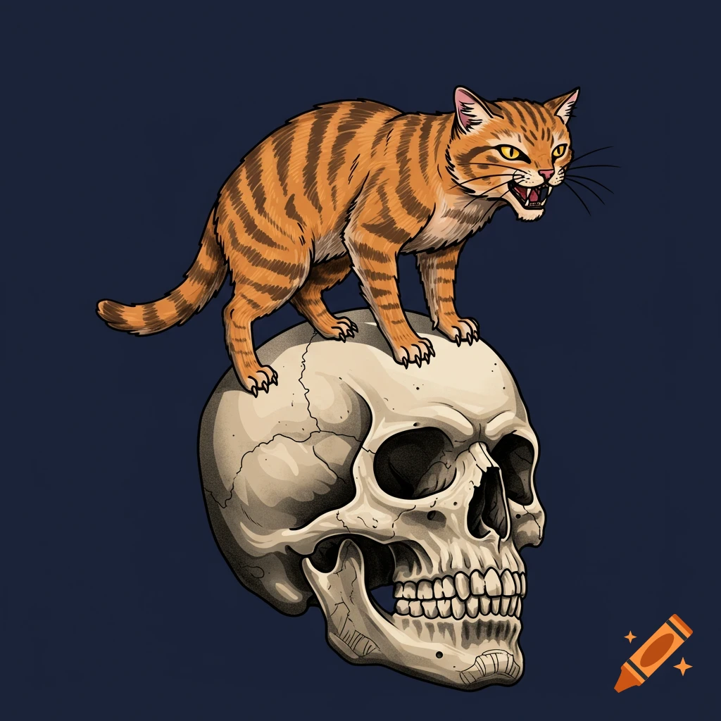 An angry orange tabby cat with stripes stands on top of a human skull, in a tattoo design style.