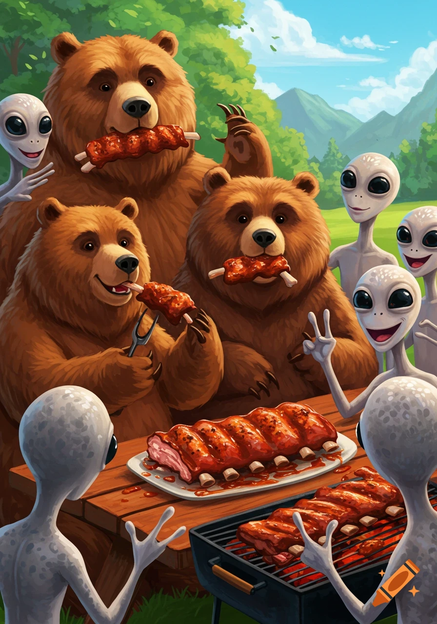 Cartoon illustration of bears and aliens enjoying a backyard barbecue, eating ribs.