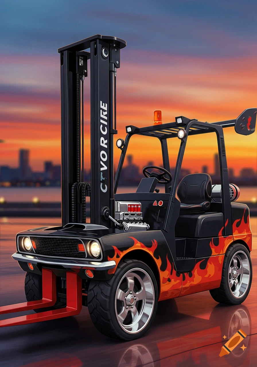 A custom black forklift with red flame decals and muscle car features stands against a vibrant sunset cityscape.