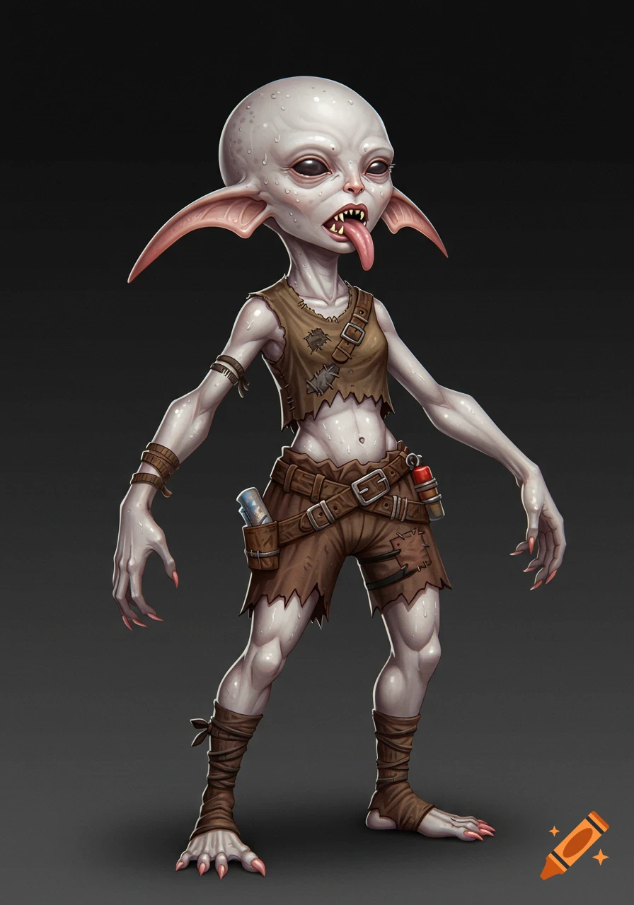 Full-body digital art of a pale, alien-like Vleek creature with large ears, sharp teeth, and a long tongue, dressed in ragged brown clothes.
