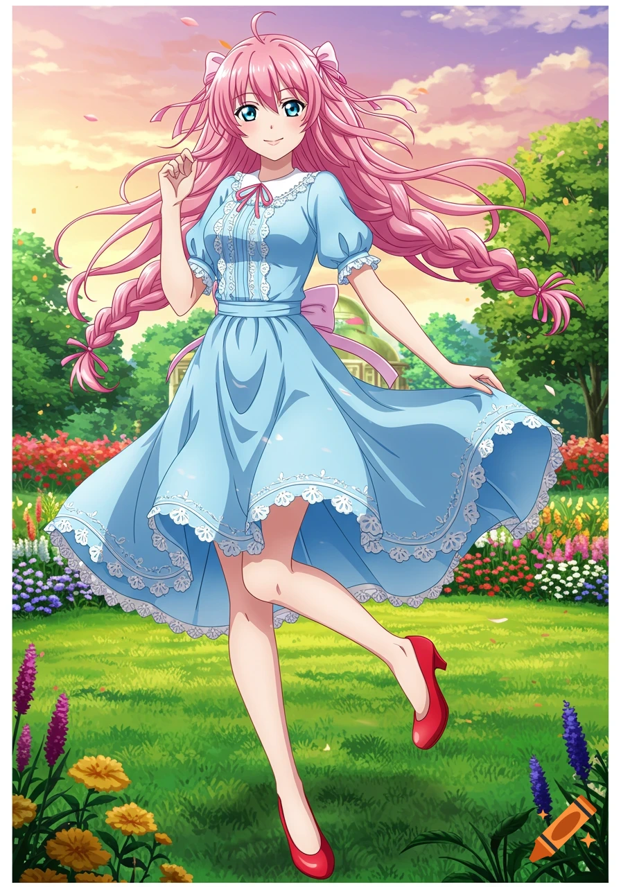 Smiling anime girl with long pink hair in a blue dress and red shoes, walking in a vibrant flower garden under a sunny sky.