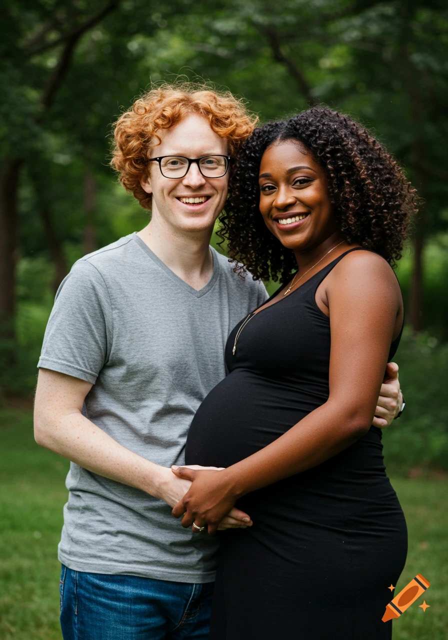 A smiling man with red curly hair and glasses embraces a pregnant Black woman with dark curly hair, both holding her baby bump outdoors.