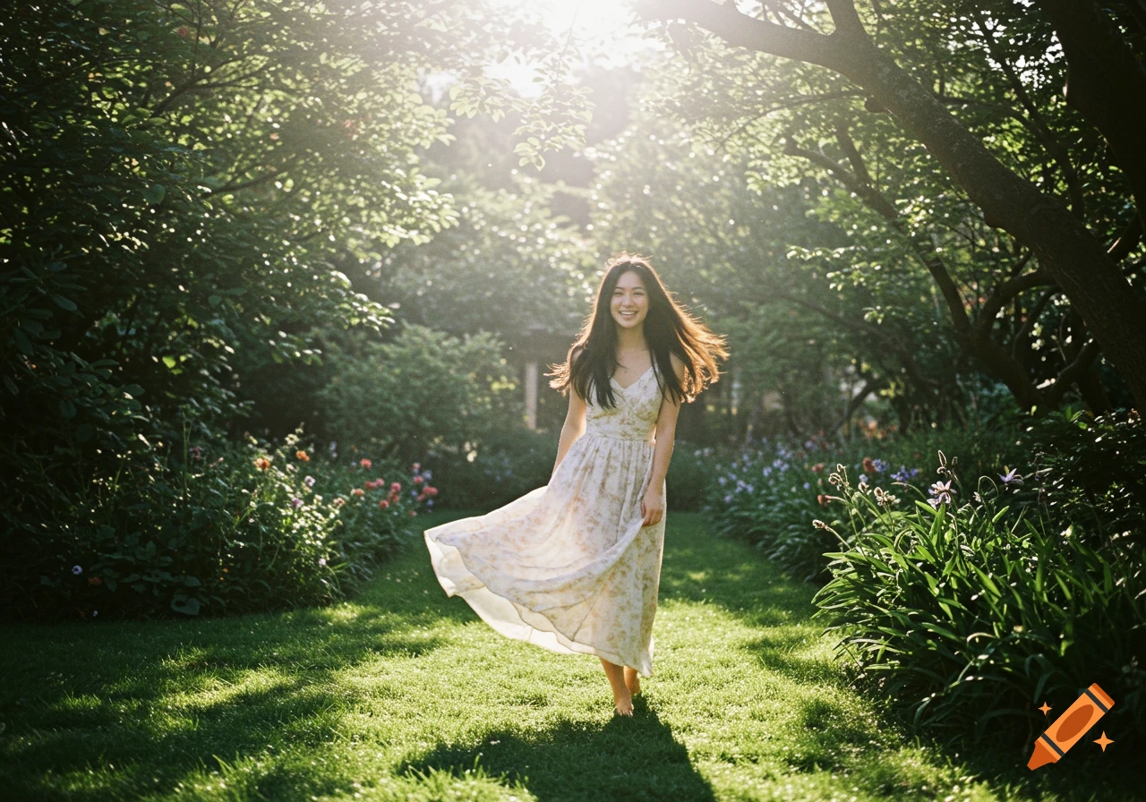 A smiling woman in a flowing dress walks barefoot through a sunlit garden.