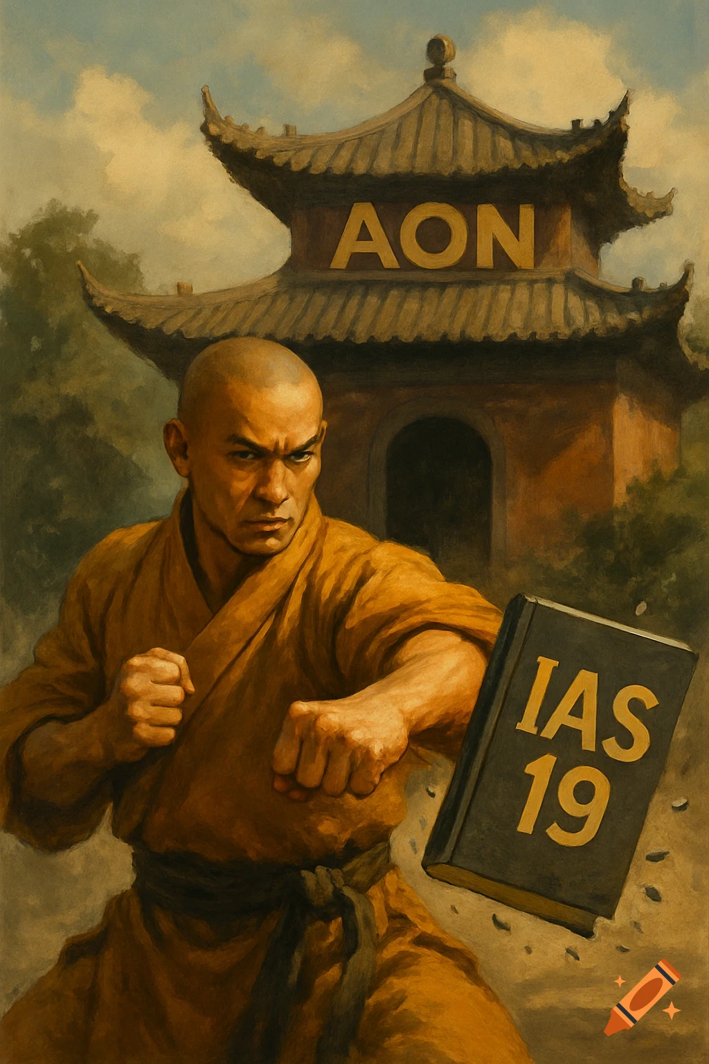 A painting of a bald Shaolin monk in an orange robe punching a black book labeled "IAS 19", with a temple bearing "AON" in the background.