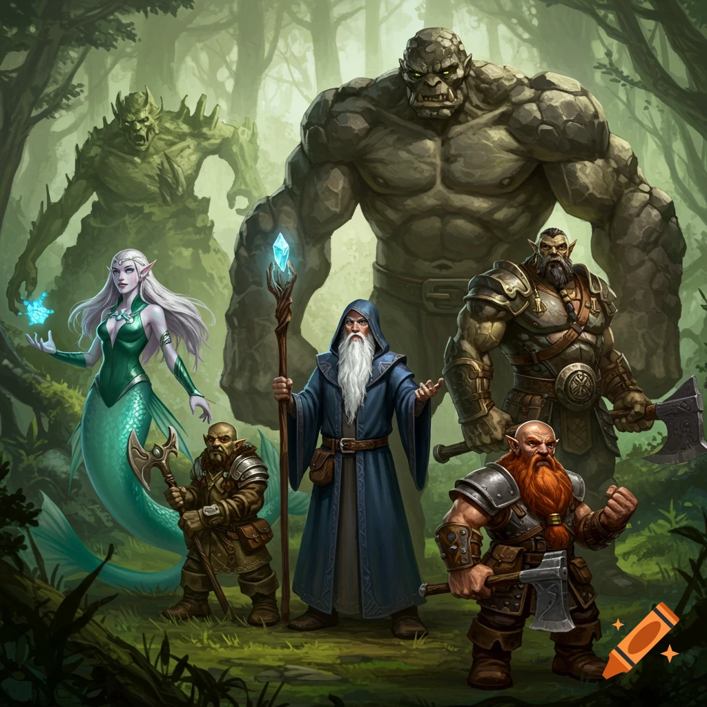 A group of fantasy creatures and characters stand in a lush forest clearing, including an elf, siren, wizard, two dwarves, an ogre, and a giant.