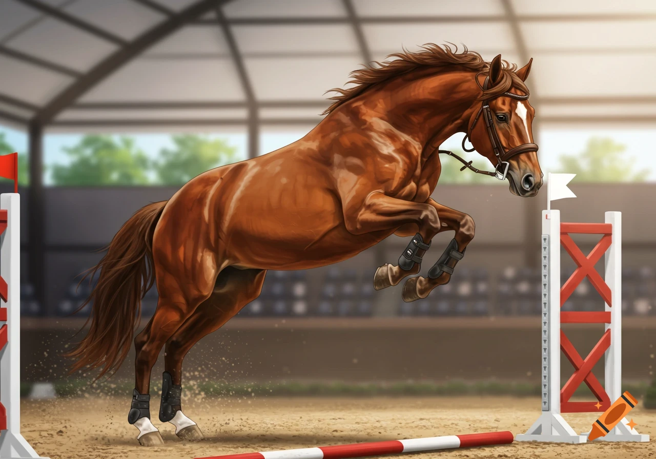A brown horse with a bridle and leg wraps jumps over a red and white barrier in an indoor arena, rendered in an illustrative style.