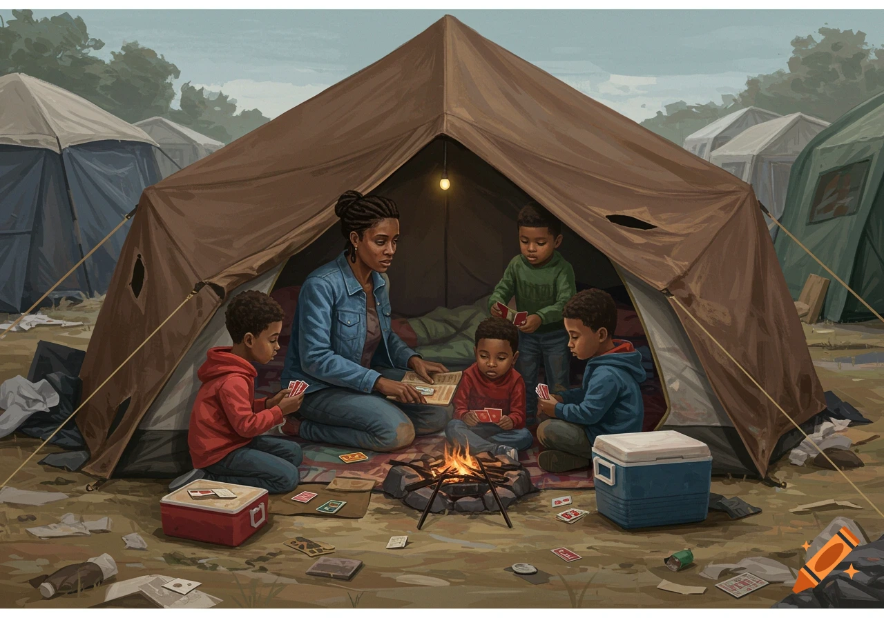 A mother and her four sons play cards around a small campfire inside a tent at a homeless encampment.