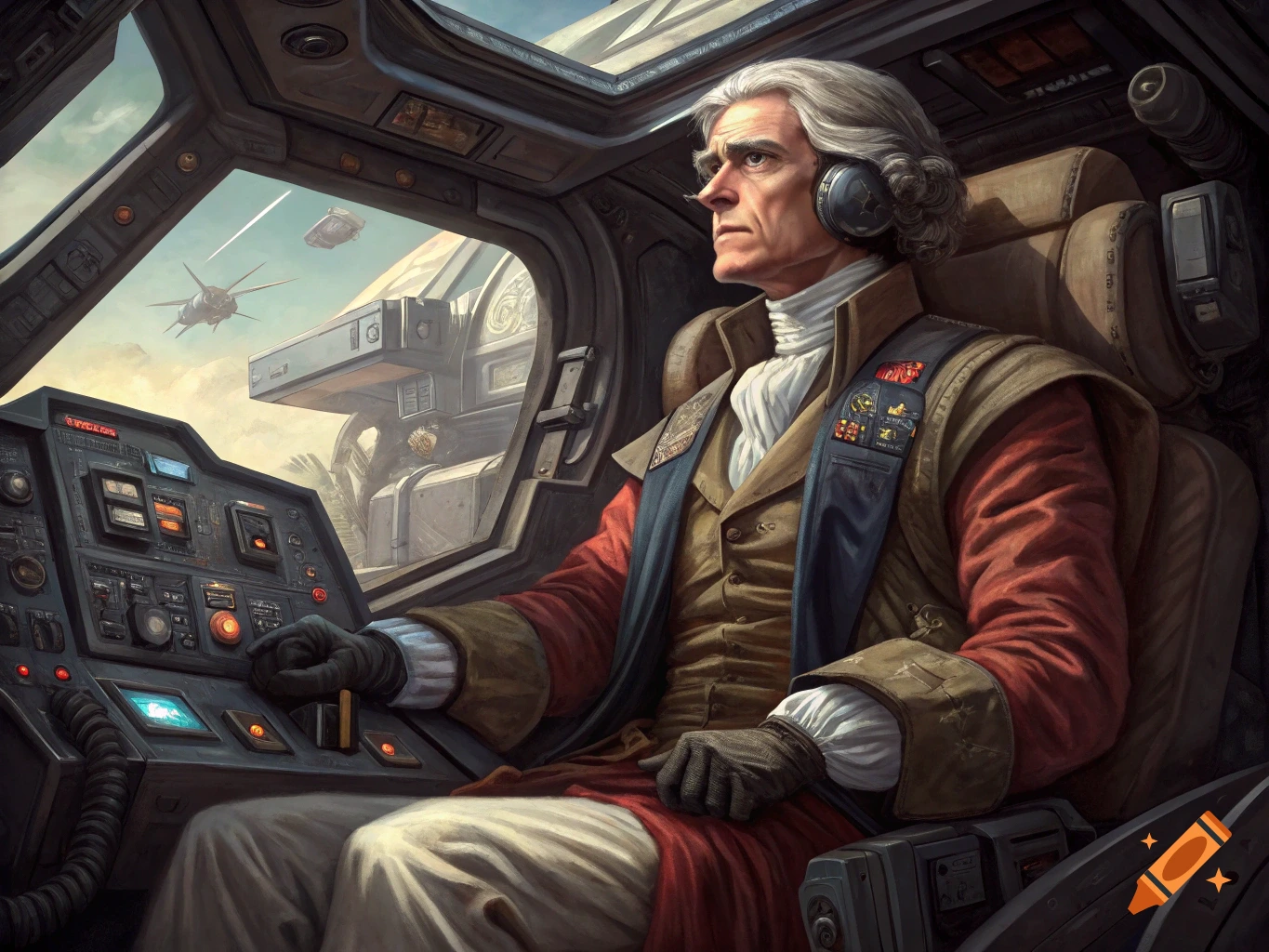 Thomas Jefferson, in period attire and headphones, pilots a futuristic cockpit, looking out at a large robot and spacecraft.