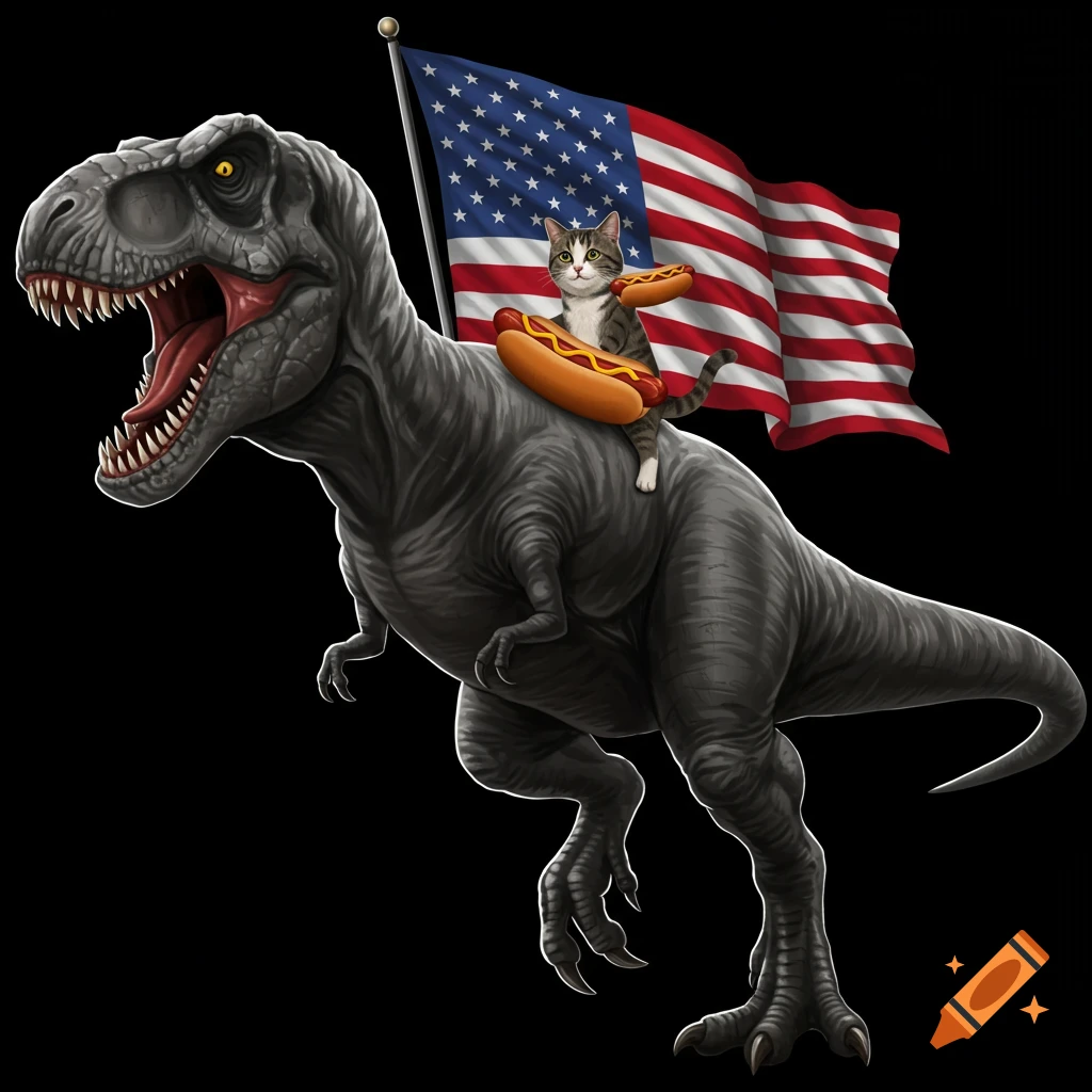 A grey T-Rex with a small tabby cat riding its back, holding a hotdog, with a waving American flag behind it.