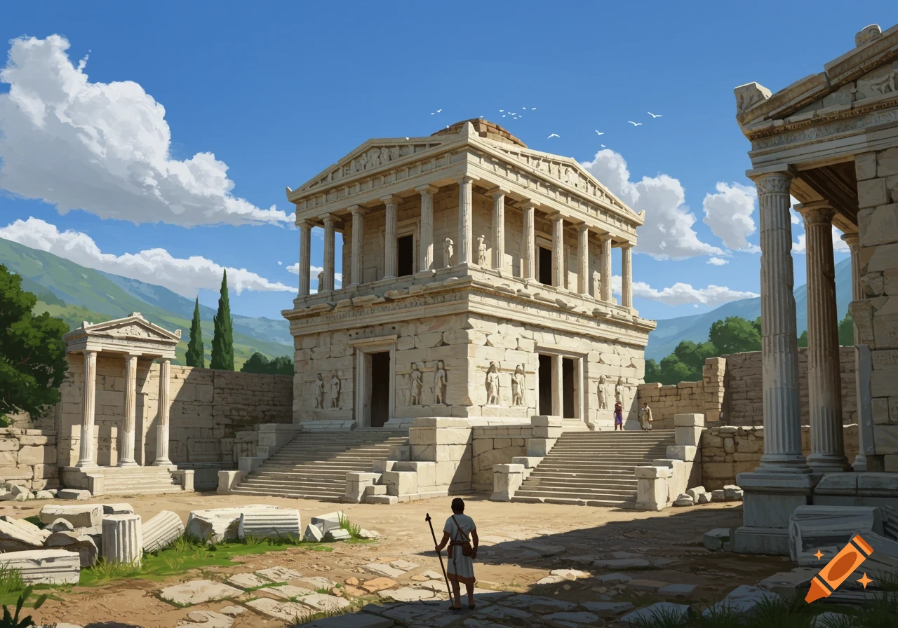 An ancient stone temple with columns and steps, set amidst ruins and distant mountains under a blue sky, with figures in the foreground.