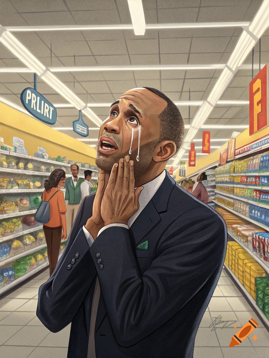 An illustration of a Black man in a suit crying with his hands to his face in a supermarket aisle.