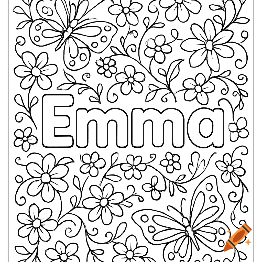 Black and white coloring page featuring the name Emma surrounded by flowers and butterflies.