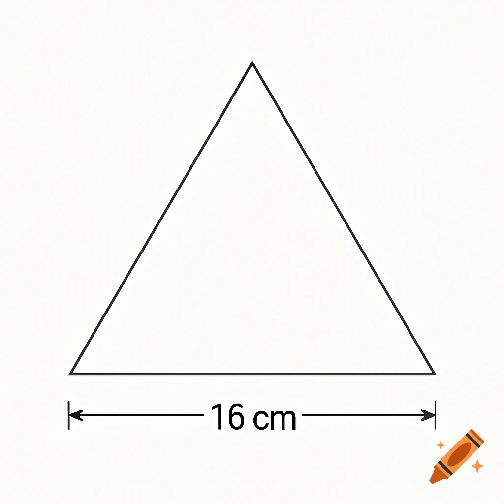 A simple black outline of an equilateral triangle with a measurement of 16 cm along its base on a white background.