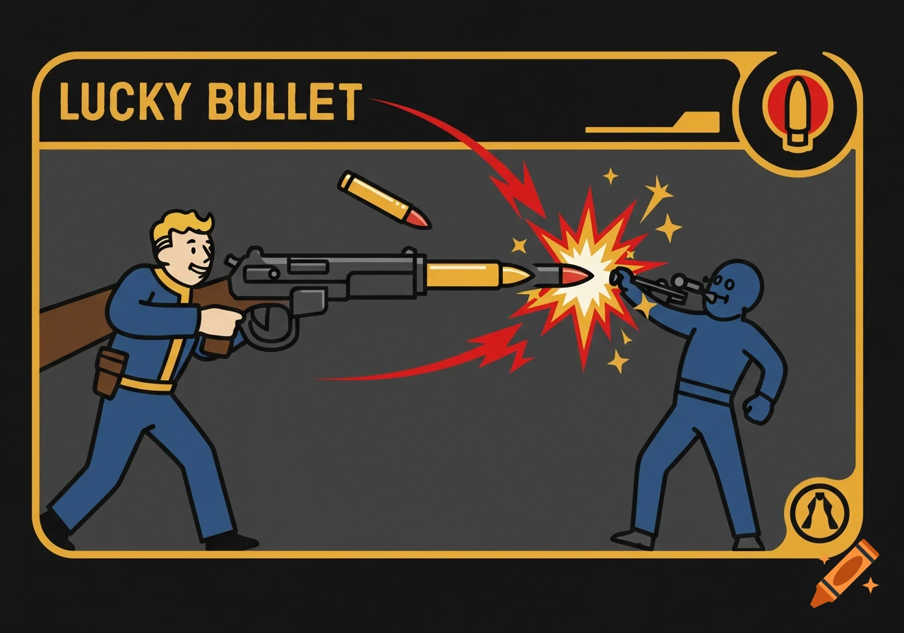 A cartoon Fallout perk card, 'Lucky Bullet', shows Vault Boy shooting a rifle, with a bullet ricocheting off-target to hit another figure.