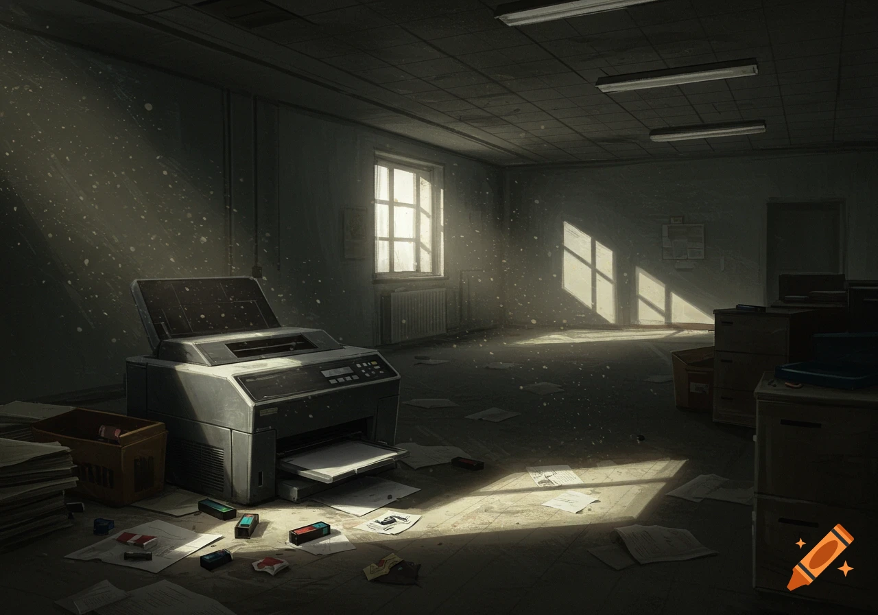 A dusty, abandoned office with a lone printer in the foreground, illuminated by sunbeams through a window.