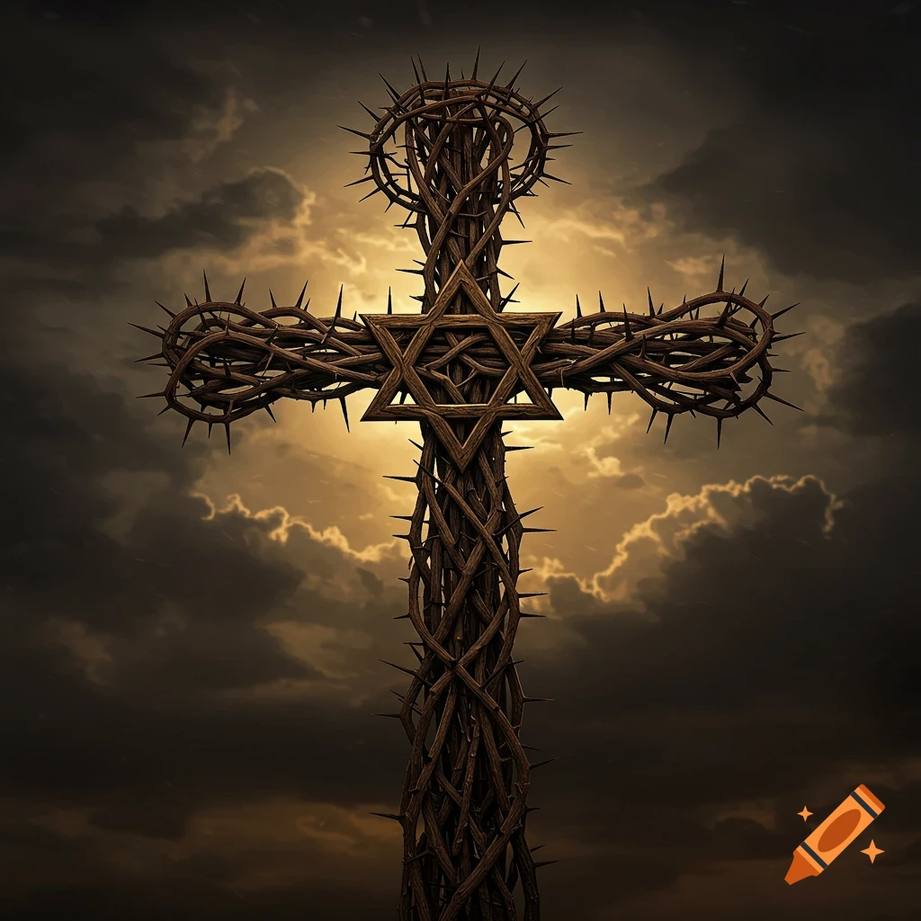 A cross made of twisted dark thorns, featuring a Star of David at its center, stands against a dramatic, light-filled cloudy sky.