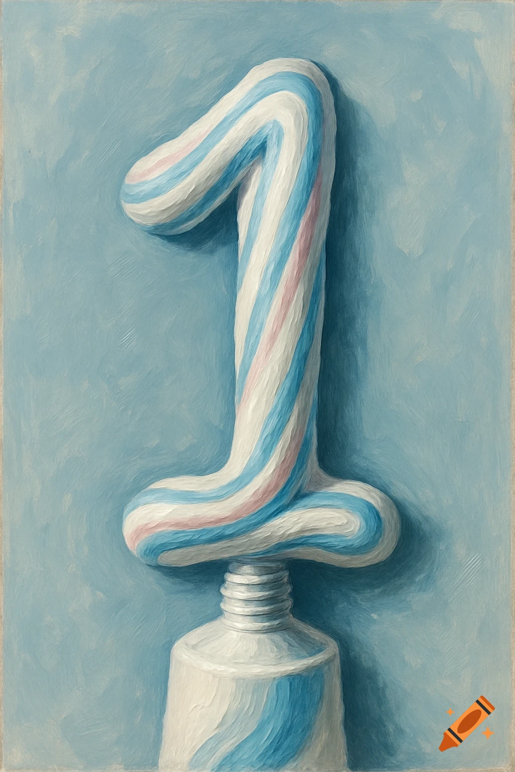 The number one, made of striped toothpaste, emerging from a tube, against a blue painted background.