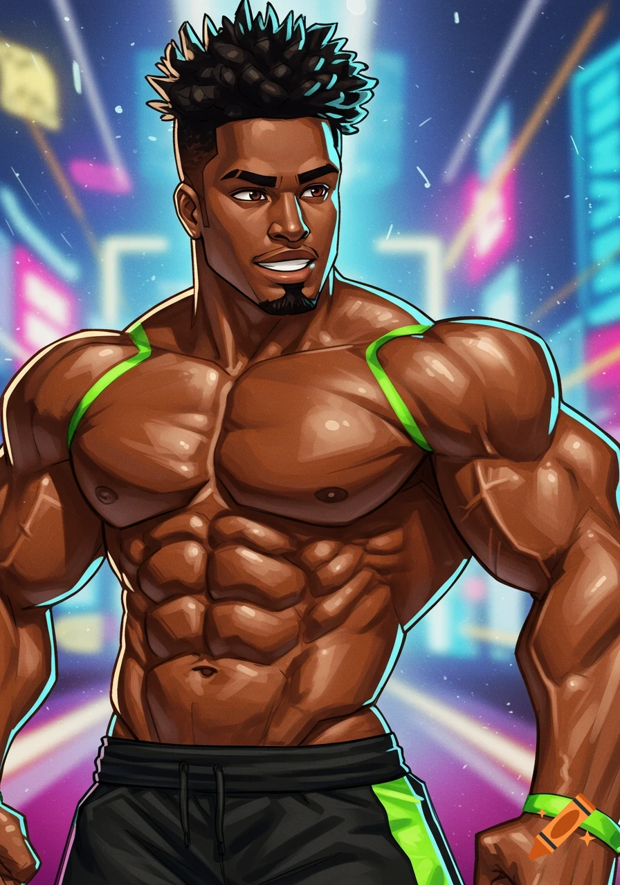 A muscular Black man with short dark hair, a goatee, and a smile, wearing black shorts with green accents, in a vibrant neon cityscape in a comic art style.