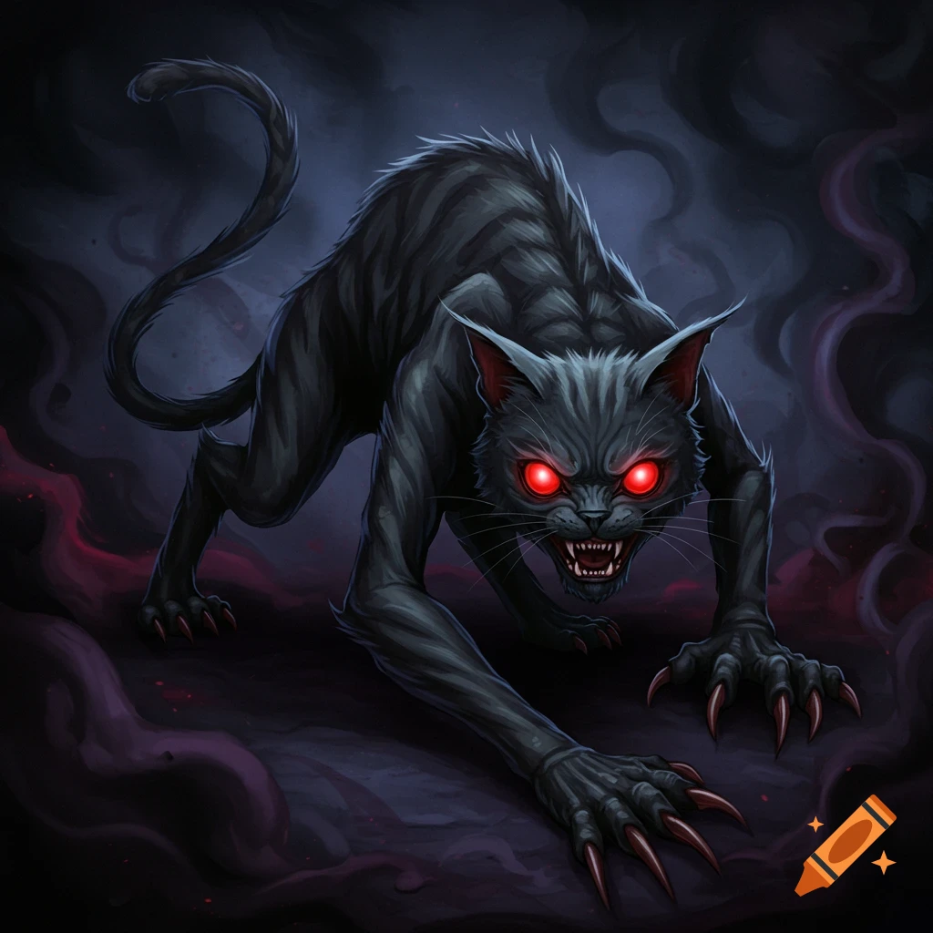 A menacing black cat-like creature with glowing red eyes and sharp claws crouches in a dark, smoky environment.