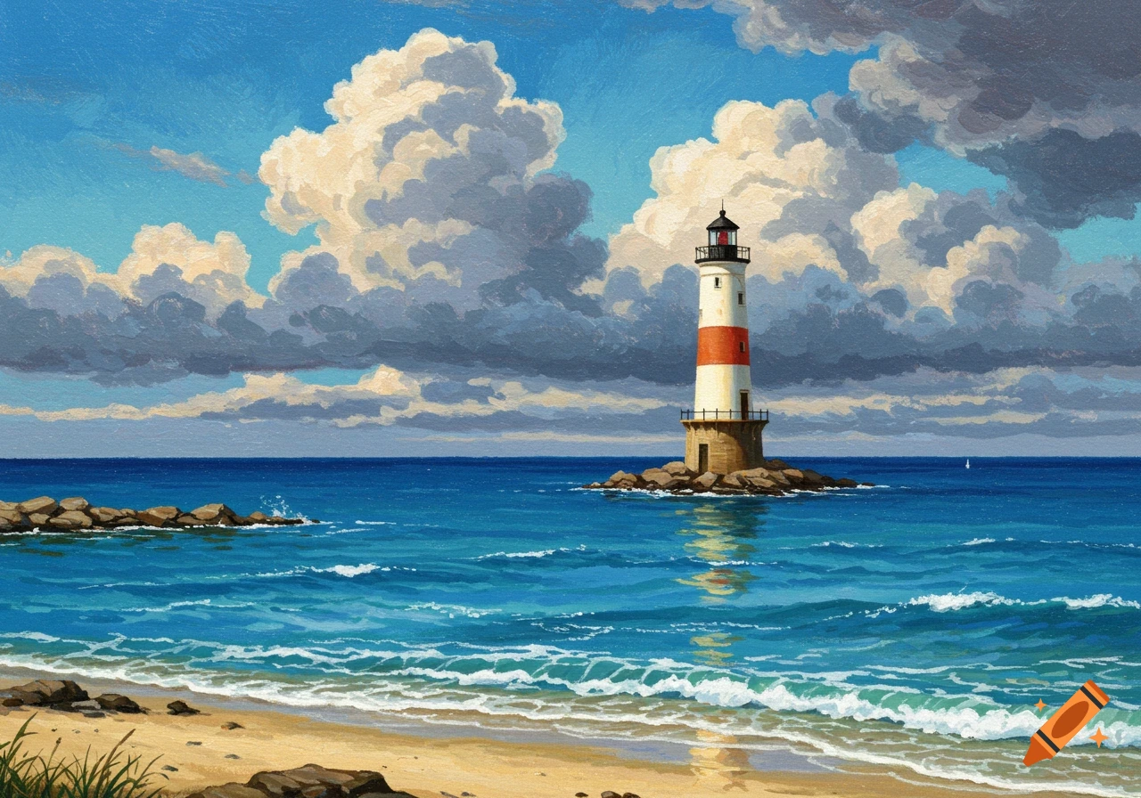 An oil painting of a red and white striped lighthouse on a rocky island in the blue sea, with a sandy beach in the foreground and large white clouds in the sky.