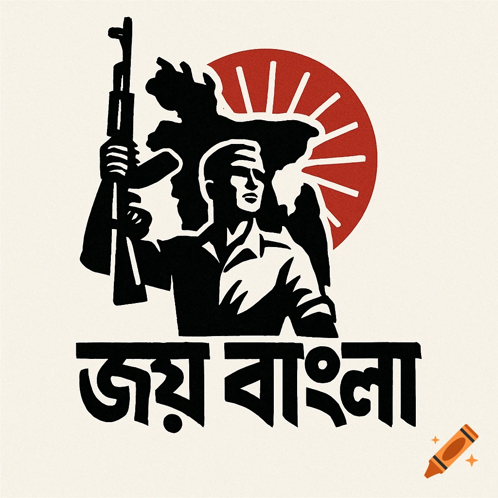 Black and red logo of a freedom fighter holding a rifle, with the map of Bangladesh and a red rising sun, and Bengali text 'Joy Bangla'.