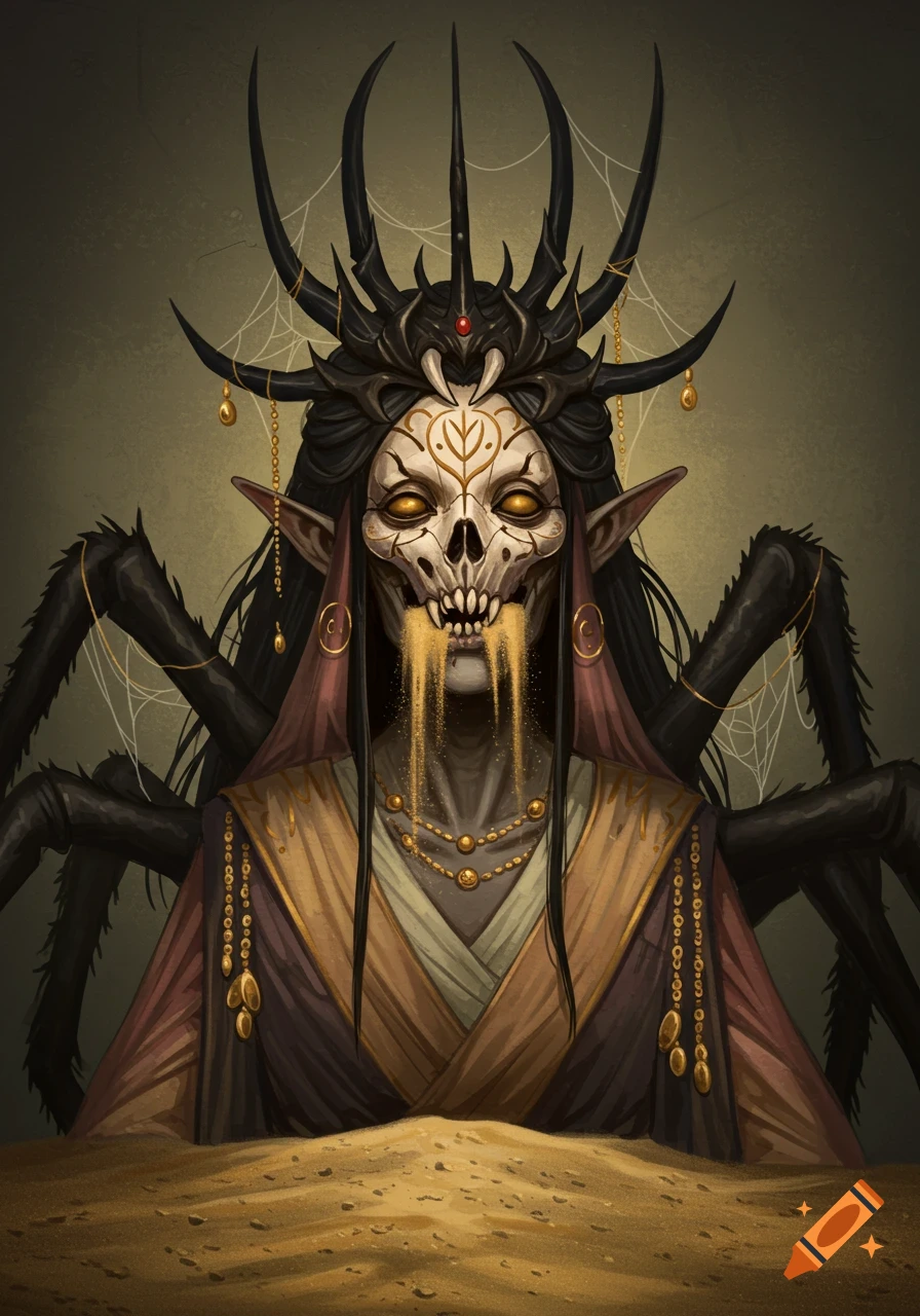 A stylized portrait of a dark fantasy spider matriarch with a skull mask, golden eyes, black spider legs, and sand falling from her mouth.
