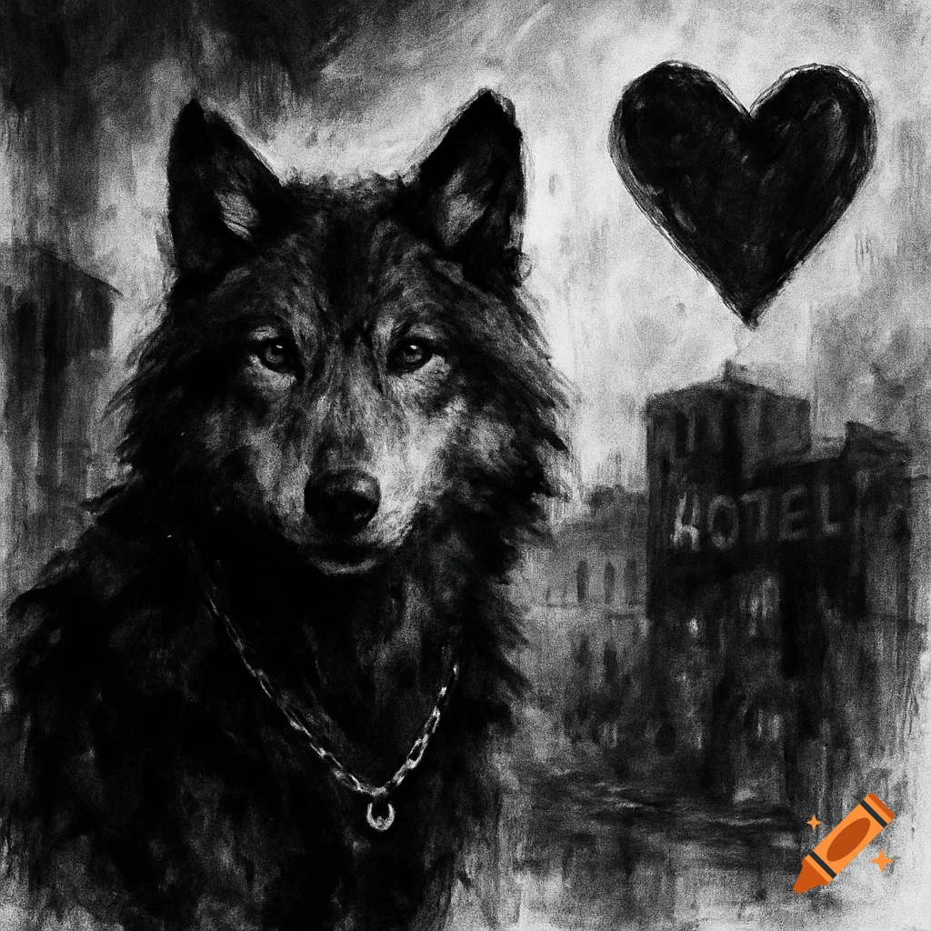 Abstract black and white charcoal drawing of a wolf with a necklace, a hotel building, and a floating heart.
