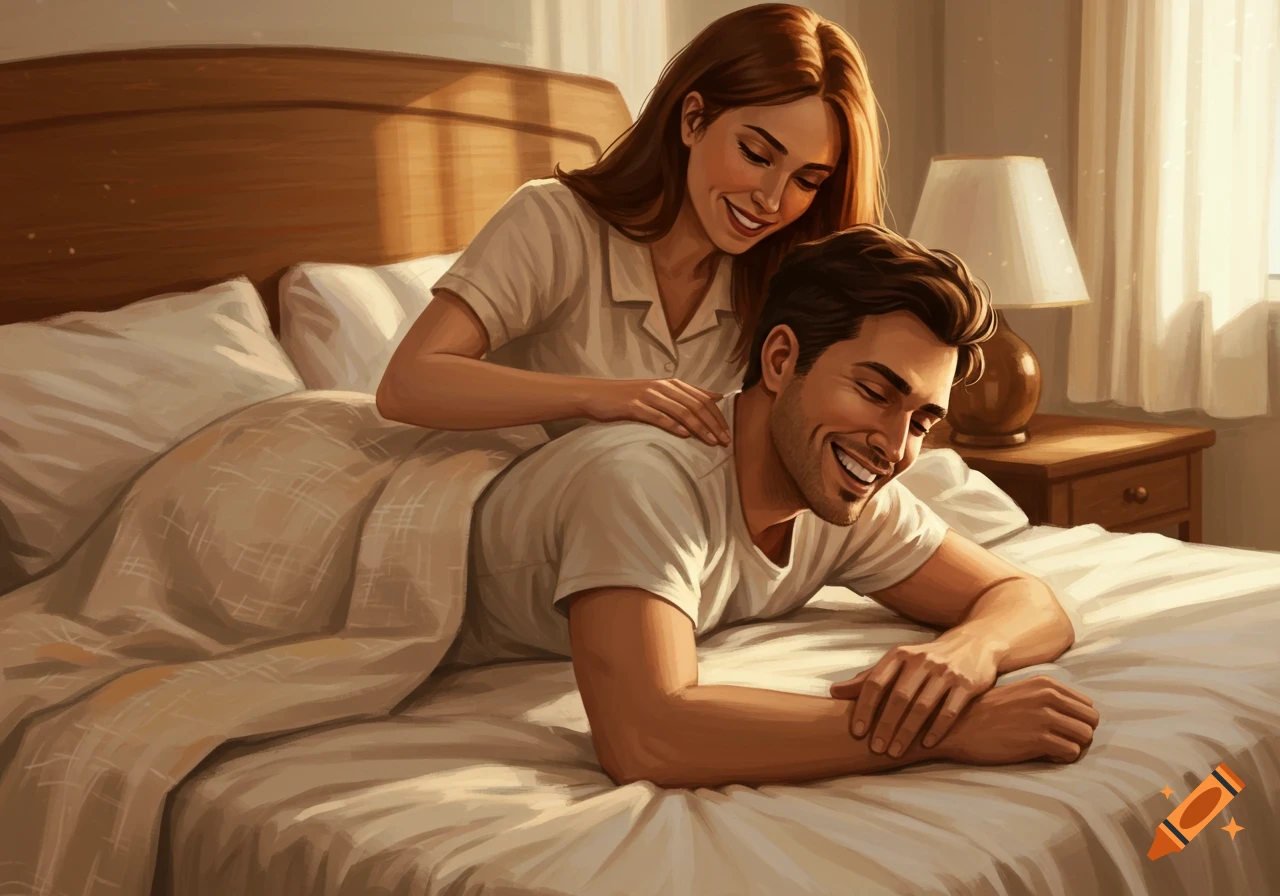 A woman in pajamas massages a man's back as he lies smiling in bed.