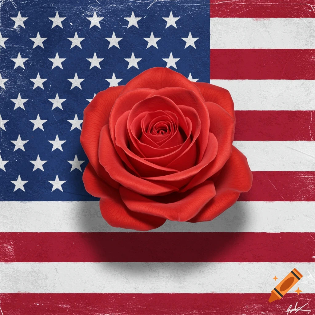 A vibrant red rose is centered on a distressed American flag with scattered stars.