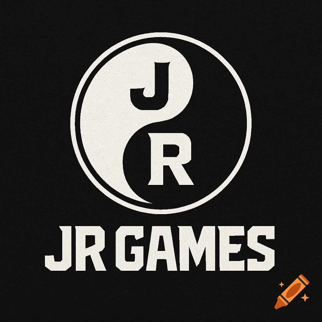 A black and white logo featuring a yin-yang symbol with a letter J in the top half and an R in the bottom half, with the text "JR GAMES" below.