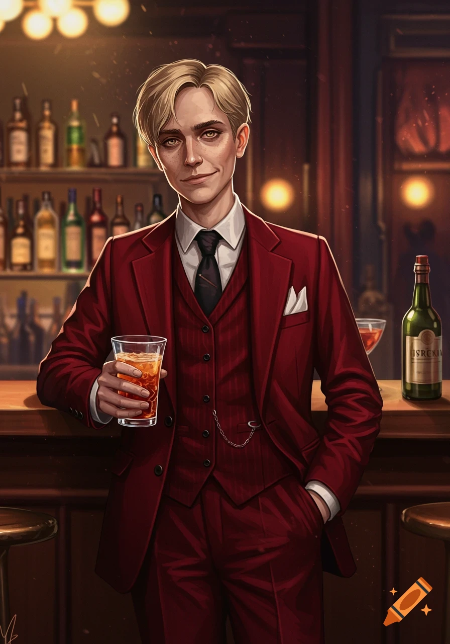A young man with blonde hair in a red suit stands at a bar, holding a drink. Digital art style.