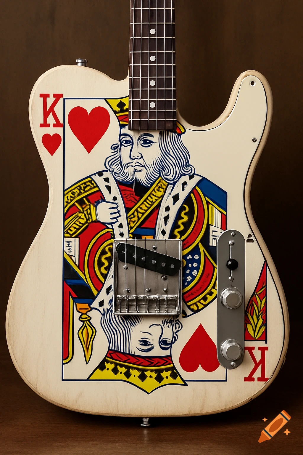 A photorealistic Telecaster electric guitar with a King of Hearts playing card graphic on its body, featuring the king illustration and heart symbols.