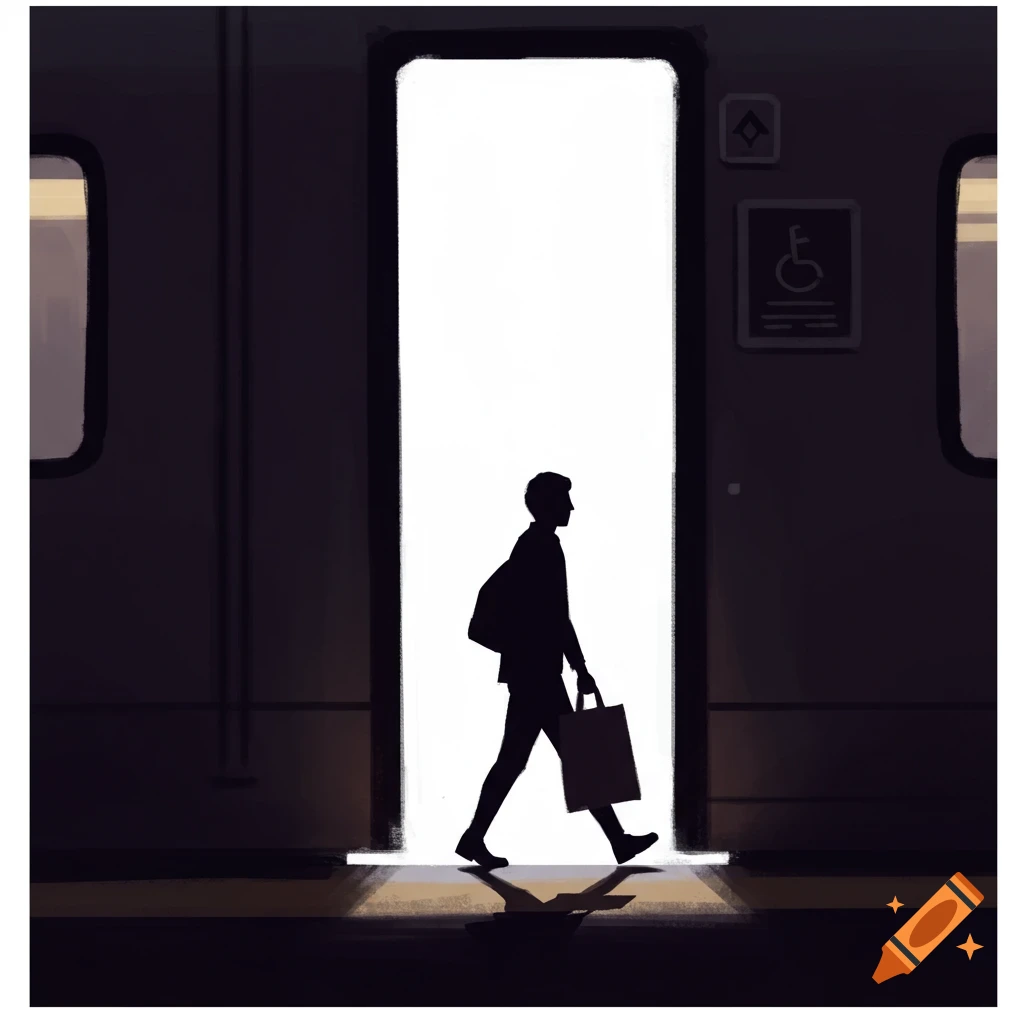 A minimalist silhouette of a person with a bag walking through a brightly lit train doorway.