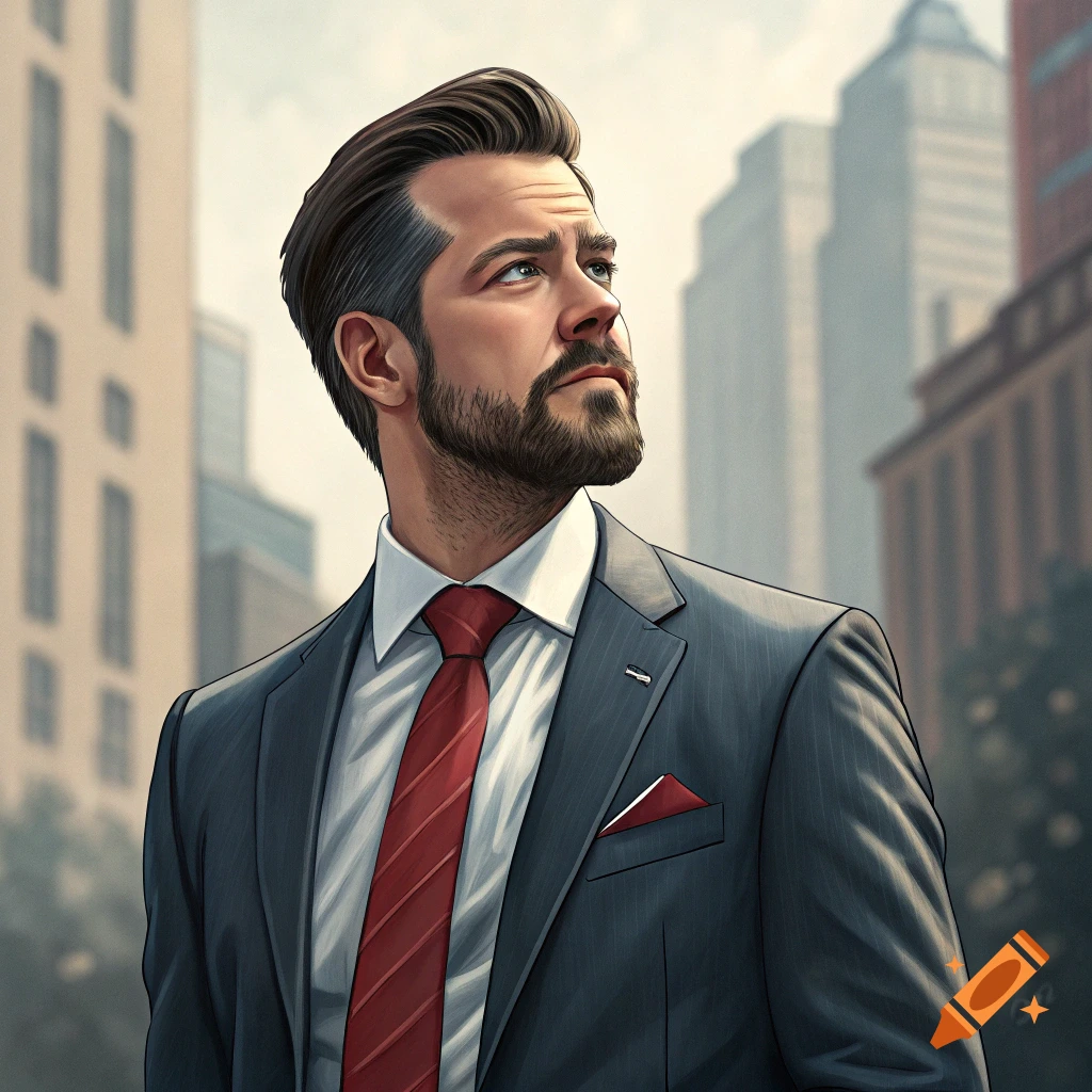 A well-groomed man in a dark suit and red tie looks up in a city setting. Stylized digital art.