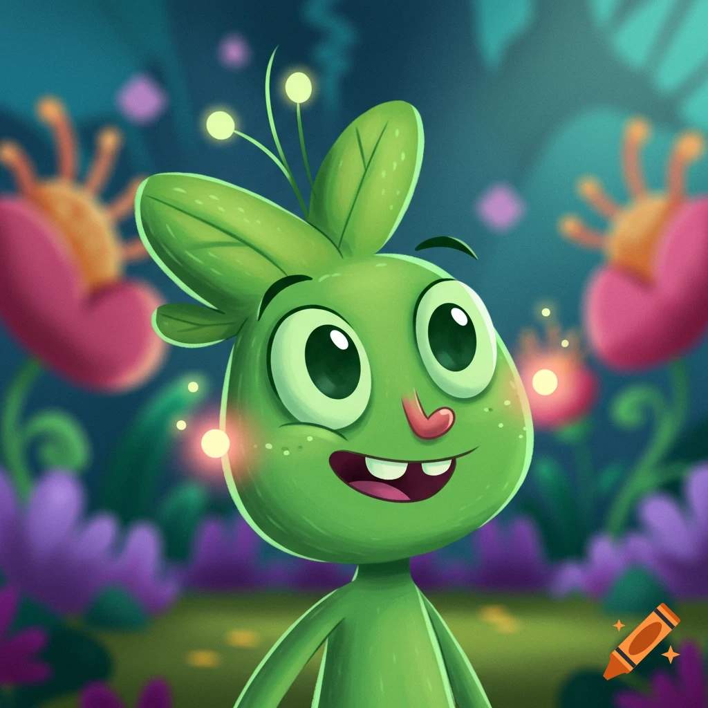 A cute green cartoon creature with leaf ears smiles in a glowing magical forest.