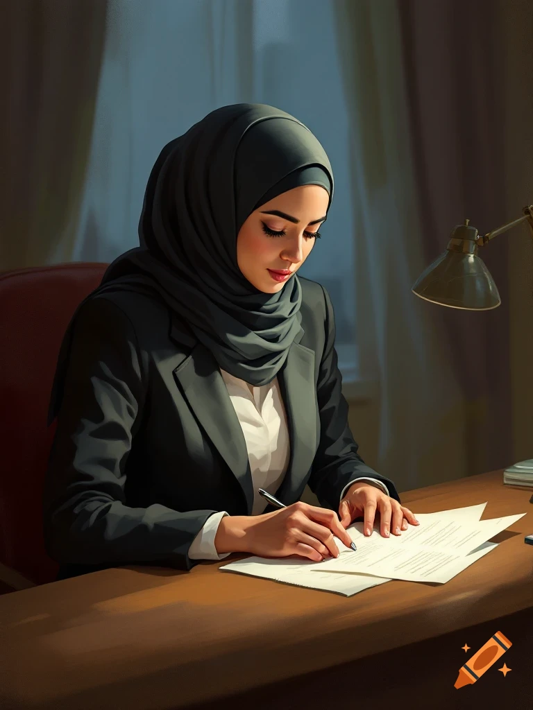 A woman in a black suit and dark grey hijab sits at a desk, writing on a document with a pen.