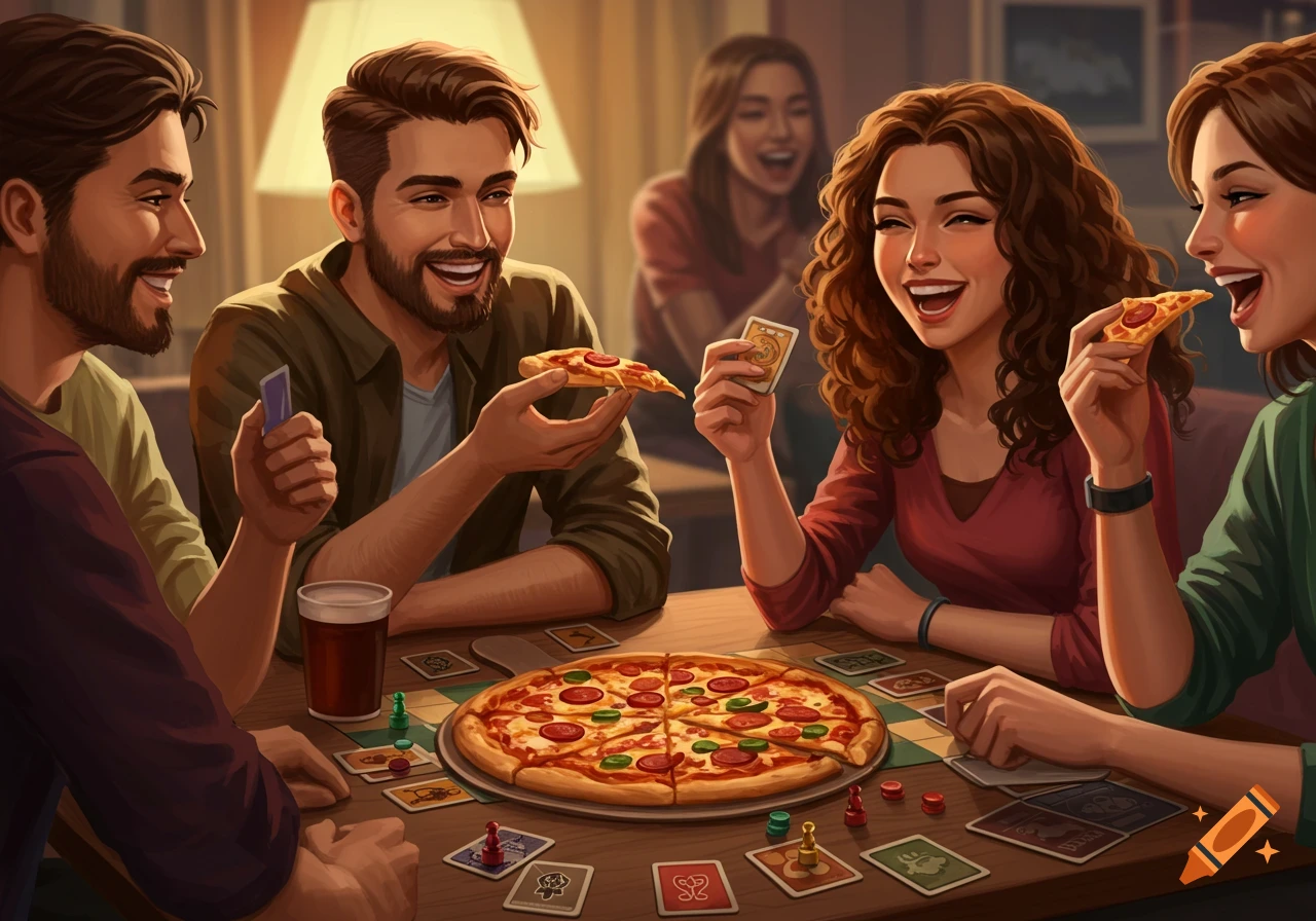 A group of friends laughing and eating pizza while playing a board game at a table, with several game cards and pieces spread out.