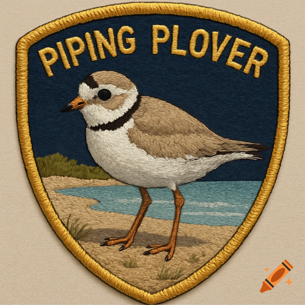 An embroidered patch featuring a piping plover bird on a sandy beach by water, with "PIPING PLOVER" text.