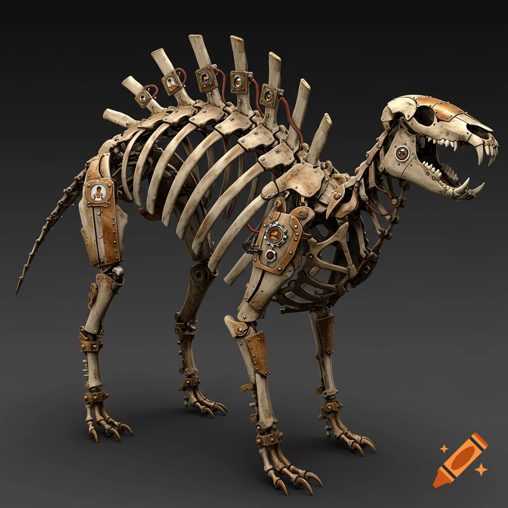 A detailed 3D render of a steampunk-style robotic animal skeleton, made of bone-like and metallic parts with gears and wires.