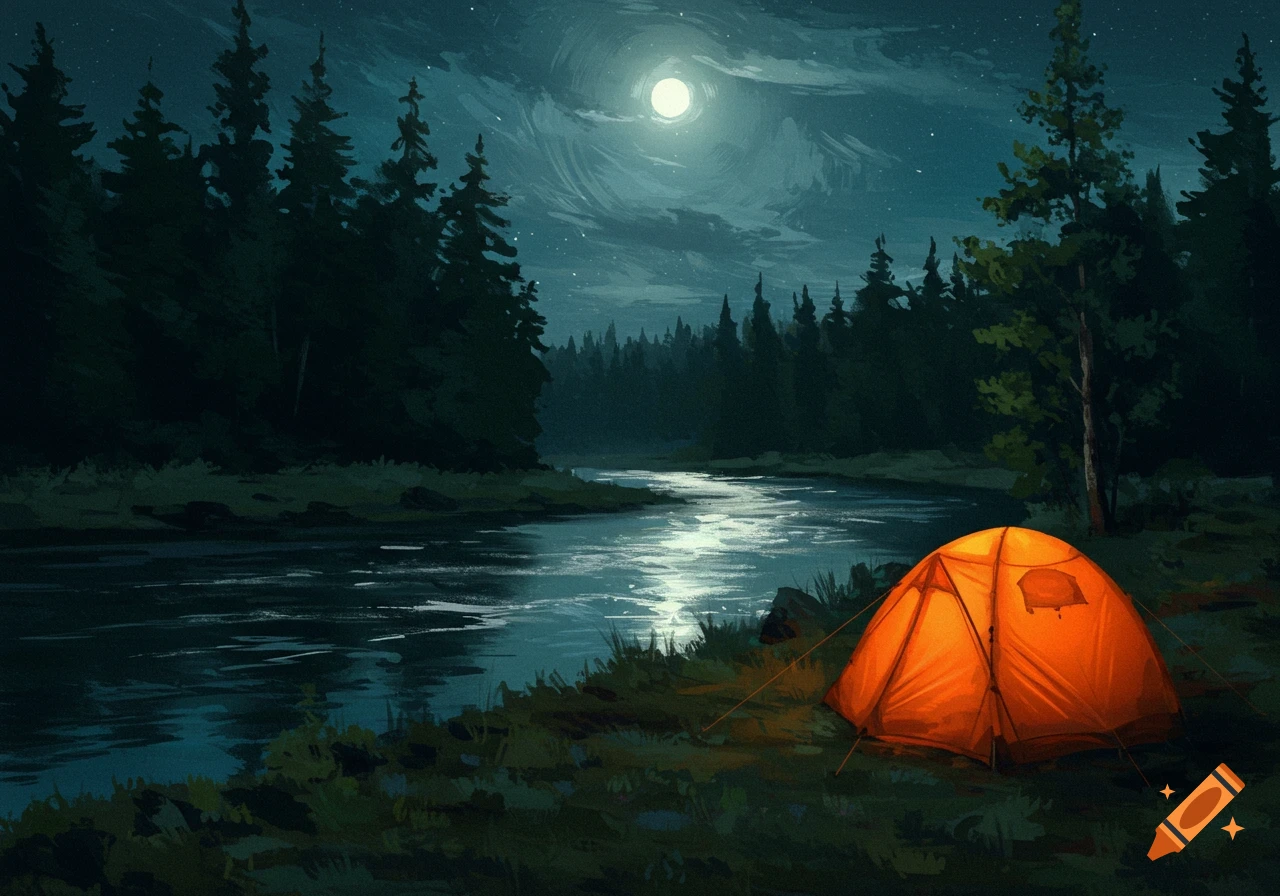 An orange camping tent glowing by a moonlit river, surrounded by a dark forest at night, in a painting style.