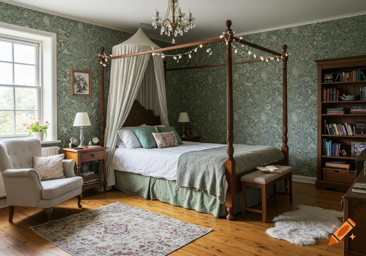 A cozy bedroom with green patterned wallpaper, a four-poster bed, an armchair, and a bookshelf.
