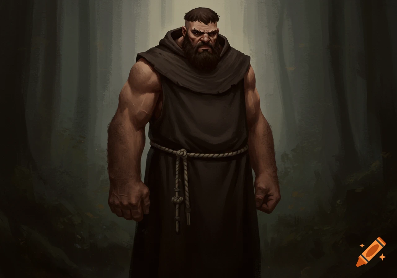 A strong, muscular man with a beard, wearing a dark hooded robe, stands sternly in a dark forest. Digital painting.