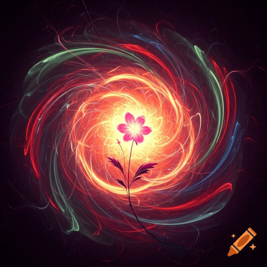 A pink flower blooms against a vibrant, glowing abstract vortex of swirling red, orange, and green light.