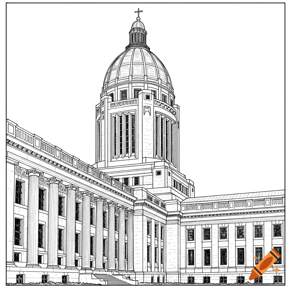 A black line drawing of the Lincoln Nebraska Capitol building.