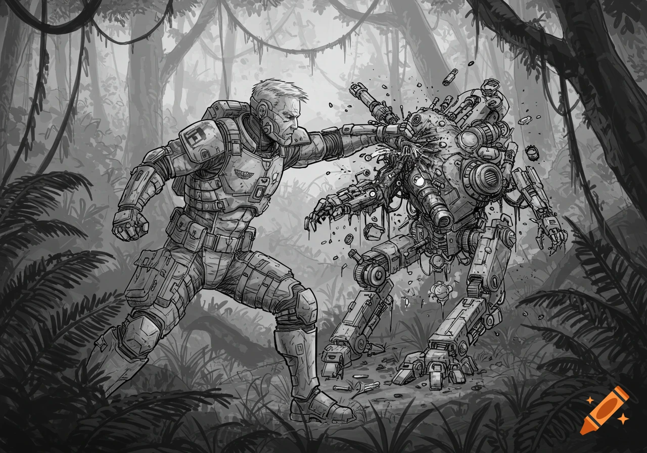Black and white sketch of a heavily armored soldier punching and destroying a robot in a dense jungle.