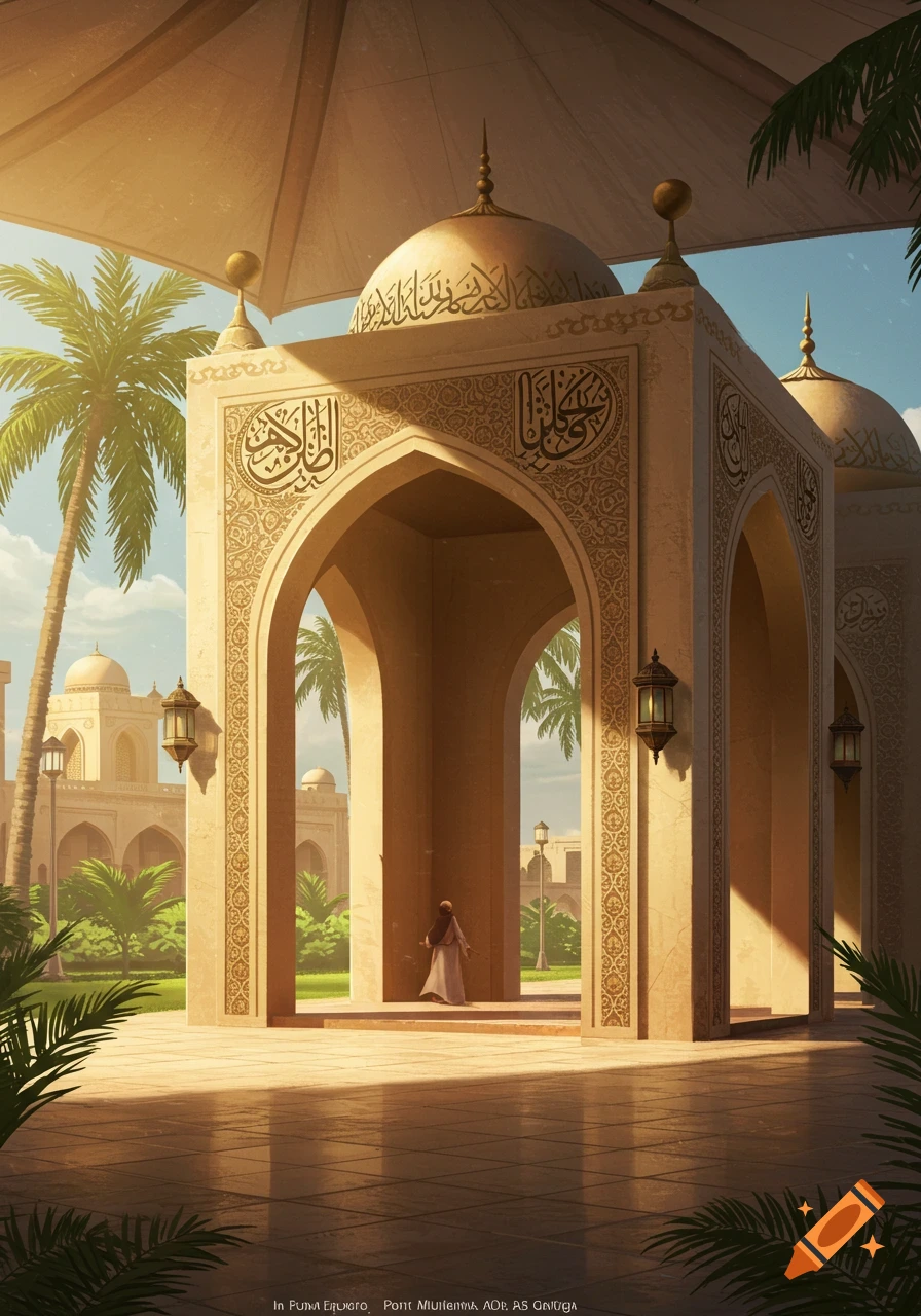 A grand Islamic-style building with ornate arches and domes, surrounded by palm trees under a sunny sky. A robed figure walks within the structure.