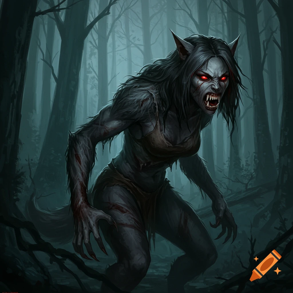 A terrifying female werewolf with red eyes and bared fangs, wearing tattered clothes, in a dark, misty forest.